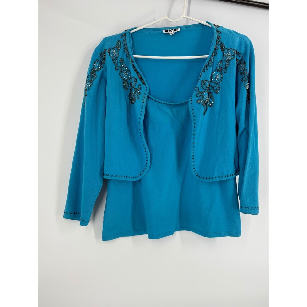Kaktus Teal Blue Beaded Bolero Cardigan & Tank Top Set‎ Women's Size M